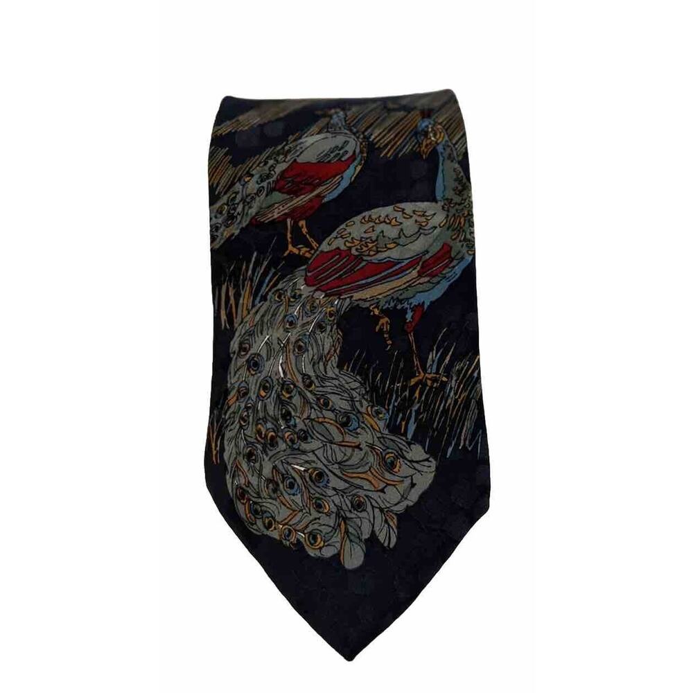 Vintage 1993 World Wildlife Fund WWF Asian Blue Peacock 4” Silk Navy Tie Necktie